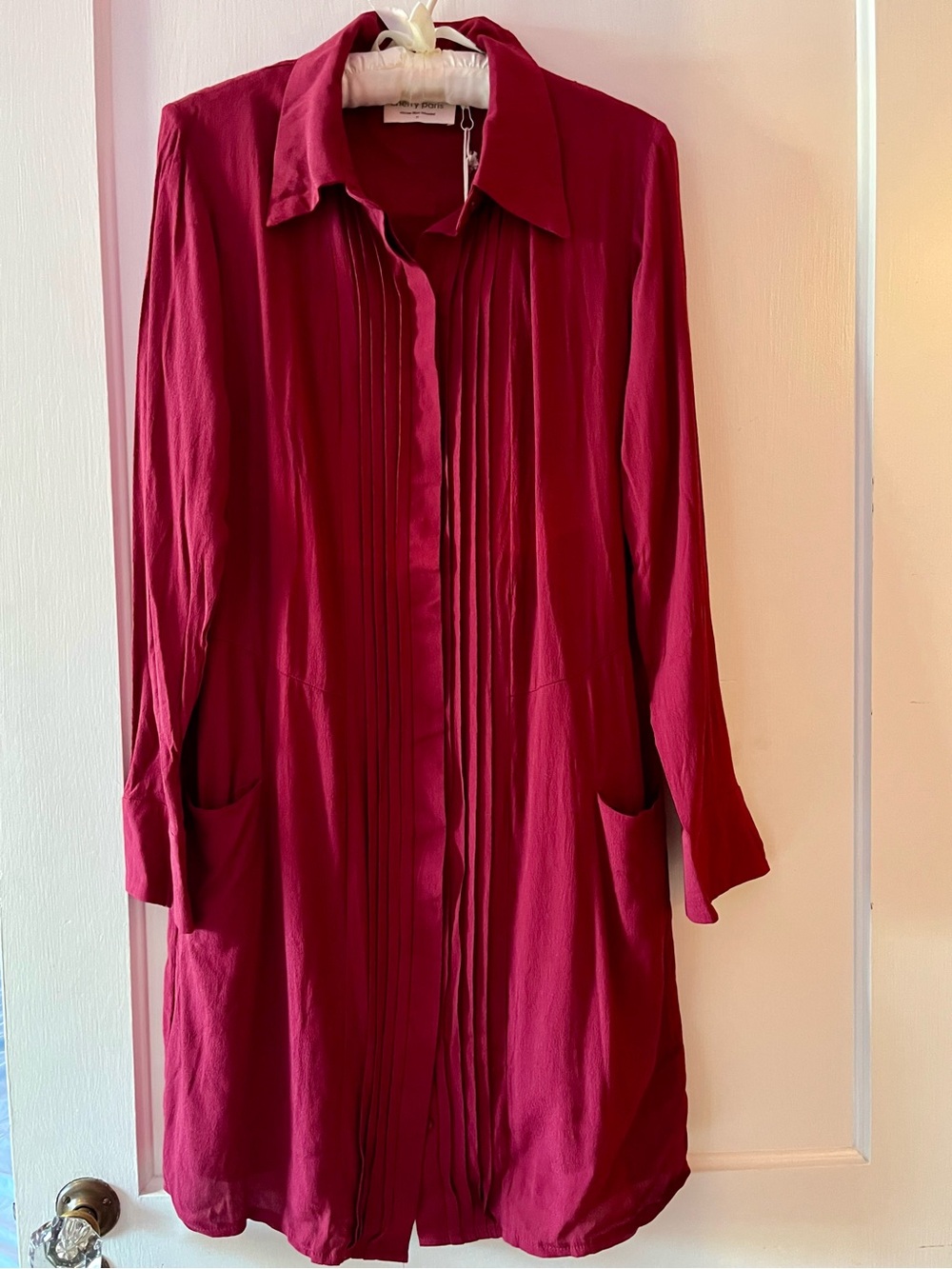 Long-Sleeve Burgundy Pleat-Front Shirt Dress